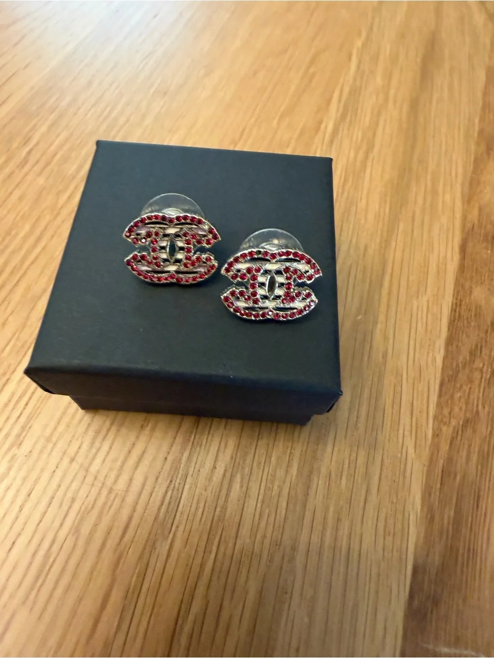 Authentic Red Crystal Chanel Pierced Earrings- With Box